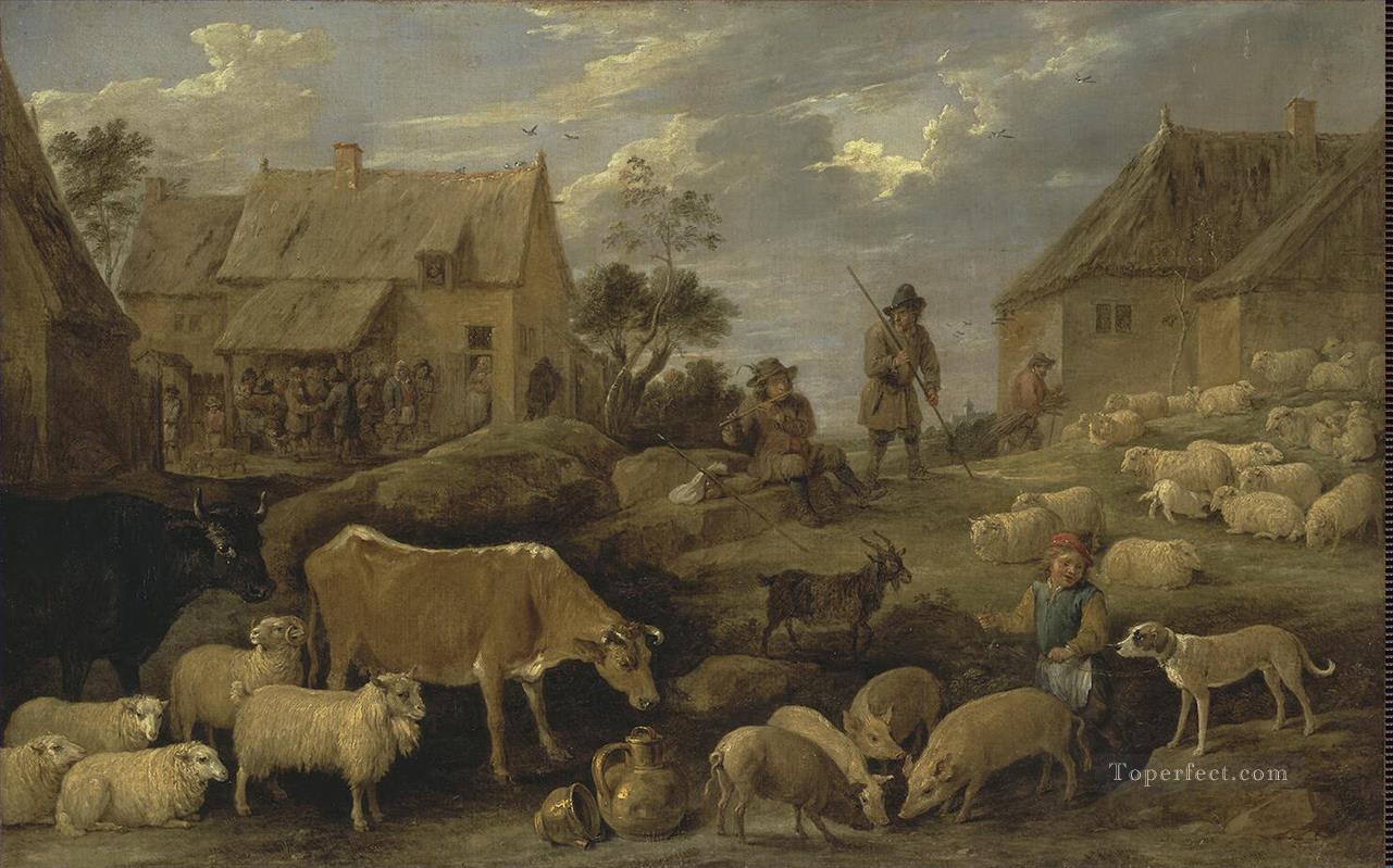 テニエ ダヴィッド 2 世 羊飼いと群れのいる風景油絵